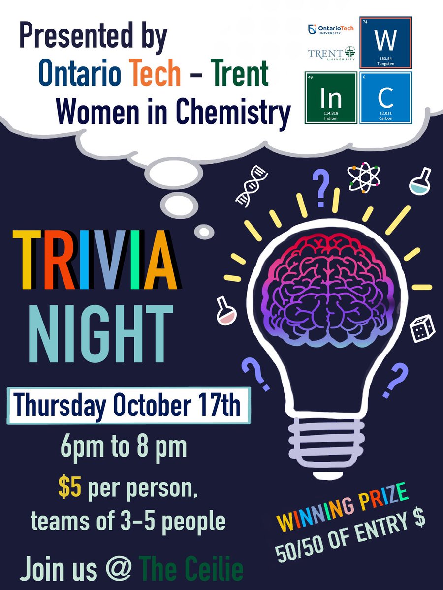 🗣 ATTENTION TRENT UNIVERISTY!!! Science trivia is coming to you! Mark your calendars on Oct 17th at 6pm we will be hosting trivia at The Ceilie. $5 admission /person or $20 for a team of 5. Winning team will win a cash 💰 prize 😱 tickets 👇👇 eventbrite.ca/e/ott-wic-scie…