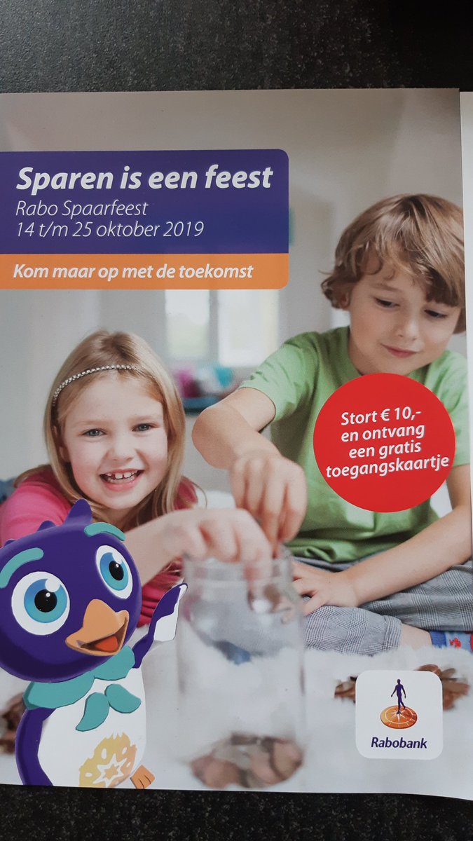 ArmandaKuylenb1's tweet photo. Spaarfeest van 14  t/m 25 oktober   bij de @RabobankAV! Spaar nu minimaal 10 euro op een RABO Kinder Spaarrekening en ontvang een gratis toegangskaartje! #Sparen #Jongeren #Feest #Rabobank #Spaarfeest https://t.co/OqU9KoYu7r