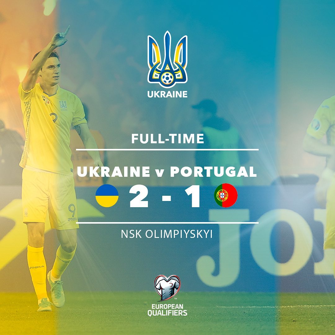 OlympicUA's tweet photo. 💙💛Збірна України з футболу перемогла команду Португалії🇵🇹 - 2:1 і достроково вийшла до фінальної частини Євро-2020.

Наші вітання команді Андрія Шевченка. 👍👍👍

#МиЗбірна #ПортугаліяУкраїна https://t.co/c5SjWJaj5x