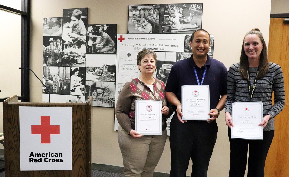 The American Red Cross honored, from left, Maize USD 266 employees Joann Wheeler, Glen Shafer, & Stephany McClellan.