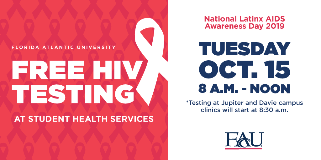 Free HIV Testing Tomorrow, Tuesday, October 15!
8:00am-Noon Boca Student Health Services
8:30am-Noon Davie Student Health Services
8:30am-Noon Jupiter Student Health Services
Call 561-297-3512 for more information!
#HealthyOwlsGetTested