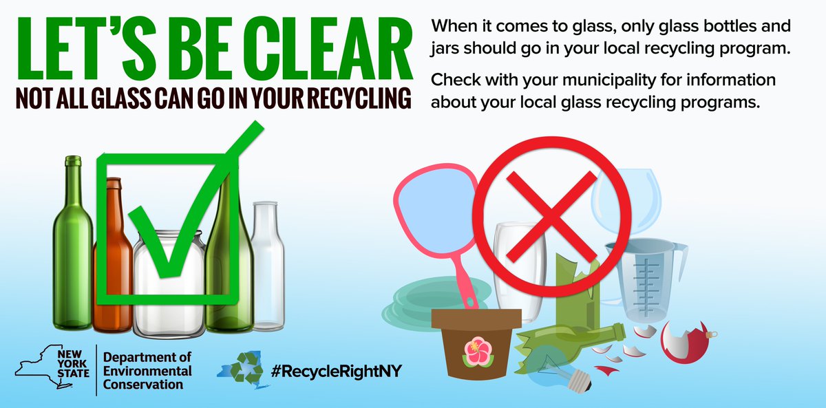 ScnctdyRecycles's tweet photo. Let’s be clear! Just because it’s glass does not mean it can go in your recycling. Only glass bottles and jars belong in recycling programs. All other glass items should be donated if in good shape, reused, repurposed, or disposed of in the trash. #RecycleRightNY https://t.co/a2lCpP0Ax1