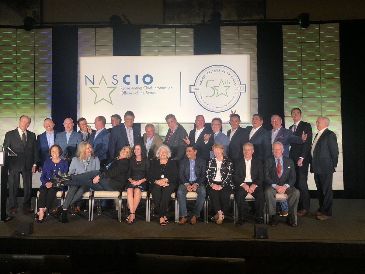 NASCIO's tweet photo. The most anticipated picture of the year. We can’t miss our former state CIO picture! Did you know that we have 28 former CIOs in attendance at #NASCIO19? (Some not pictured) https://t.co/2ryZR7uv4w