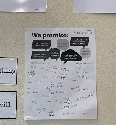 DacusAshley's tweet photo. Last week marked the end to our Digital Citizenship lessons, even signed the #1toworldpromise to be more conscious and kind humans on the internet. #withgreattechcomesgreatresponsibility @leoadamslibrary @ShellyHall_IT https://t.co/VfL3NqhBJf