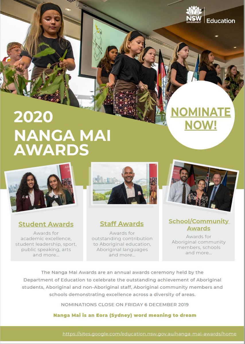 Nominations for the 2020 Nanga Mai Awards are now open!

Nominations close on Friday 6 December 2019. 
sites.google.com/education.nsw.…