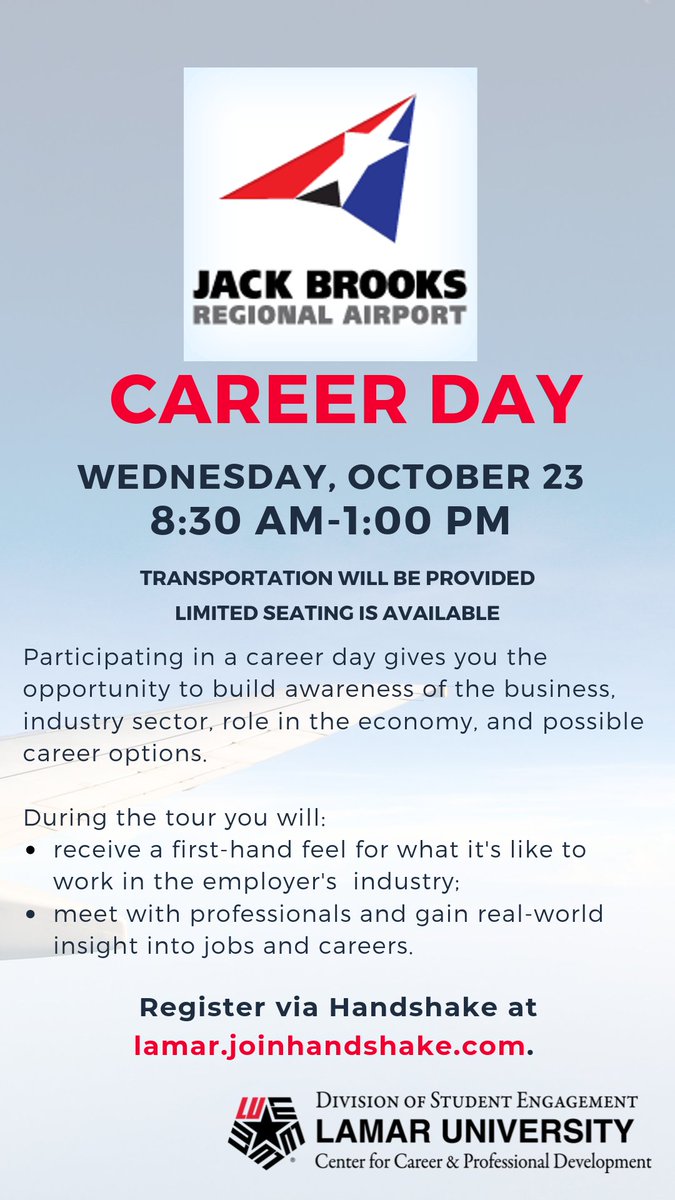 Join us for a career day next Wednesday at Jack Brooks Regional Airport! Participating in a #careerday gives you the opportunity to build awareness of the #business, #industrysector, role in the #economy, and possible #careeroptions. 

ow.ly/R7Z550wL7TL