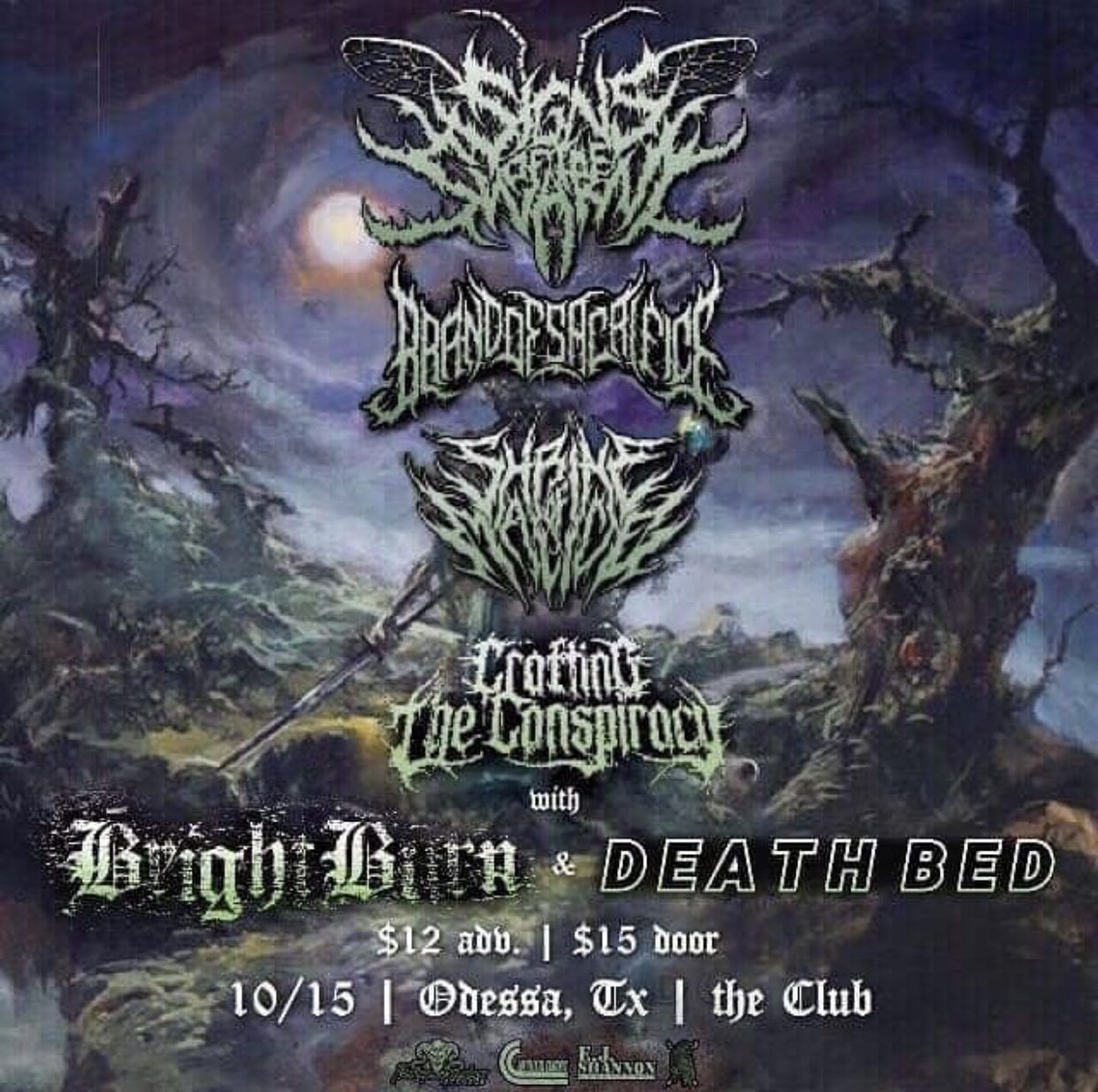 Tour with @signsoftheswarm starts tomorrow! First show ever is in Odessa, Texas with @BOSdeathmetal and @CTCbandofficial!!!
Shrine Is A Cult. 
#signsoftheswarm
#vitaldeprivation
#uniqueleaderrecords
#shrineofmalice
#sheol
#mortusviventi
#brandofsacrifice