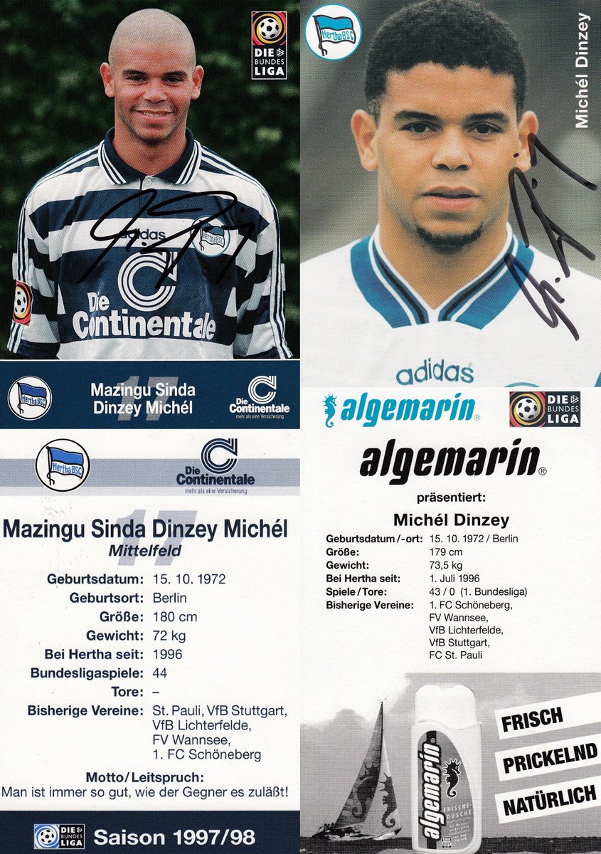 Herzlichen Glückwunsch an <a href="/Mazingu_Dinzey/">Michél Dinzey</a> (Spieler bei <a href="/HerthaBSC/">Hertha BSC</a> 1996-1998) zum 47. Geburtstag (* 15.10.1972 in Berlin). #hahohe #herthabsc #herthamuseum #WirsindeinBerliner