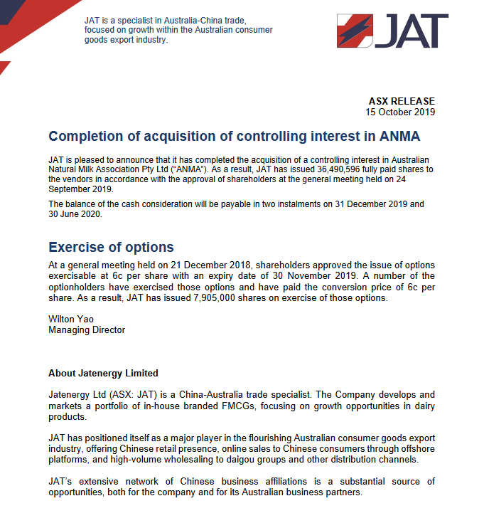 Jatenergy's tweet photo. Completion of acquisition of controlling interest in Australian Natural Milk Association Pty Ltd: https://t.co/FXVrcXOPbT

The acquisition accelerates JAT’s strategic plan to insource  manufacture of its fast-growing product range &amp; decrease  reliance on contract manufacturers. https://t.co/j0bkohnasW