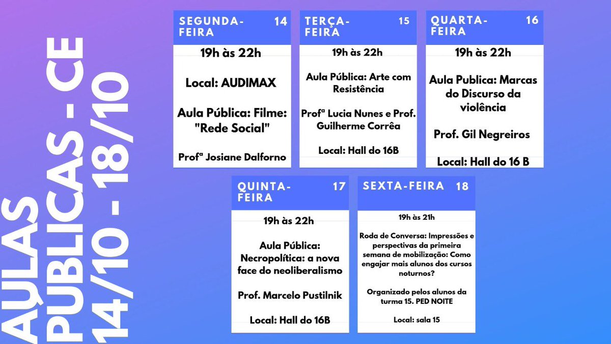 DaceUfsm's tweet photo. Olha só o que as e os estudantes da Pedagogia Noturno organizaram pra semana do "Derrubando o Arco"! Durante todas as noites dessa semana irão acontecer várias Aulas Públicas e uma roda de conversa sobre como organizar uma mobilização concreta dos cursos noturnos. Confere aí! 👇🏻 https://t.co/sFN9VgkILD