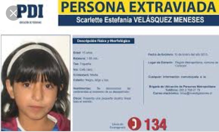Personaschile's tweet photo. #LeyExtraviados #Curacaví #MissingChidren 🔔Scarlette Velásquez🔔 extraviada ⚠10 enero 2015⚠ ¿Qué pasó Scarlette?🤔 Tan solo 15 años desaparece en la comuna #Curacaví, preguntamos en curacavi y nadie sabía del caso. Buscamos e investigamos sin resultados #LeyExtraviados https://t.co/bLiJZ3Ns1R