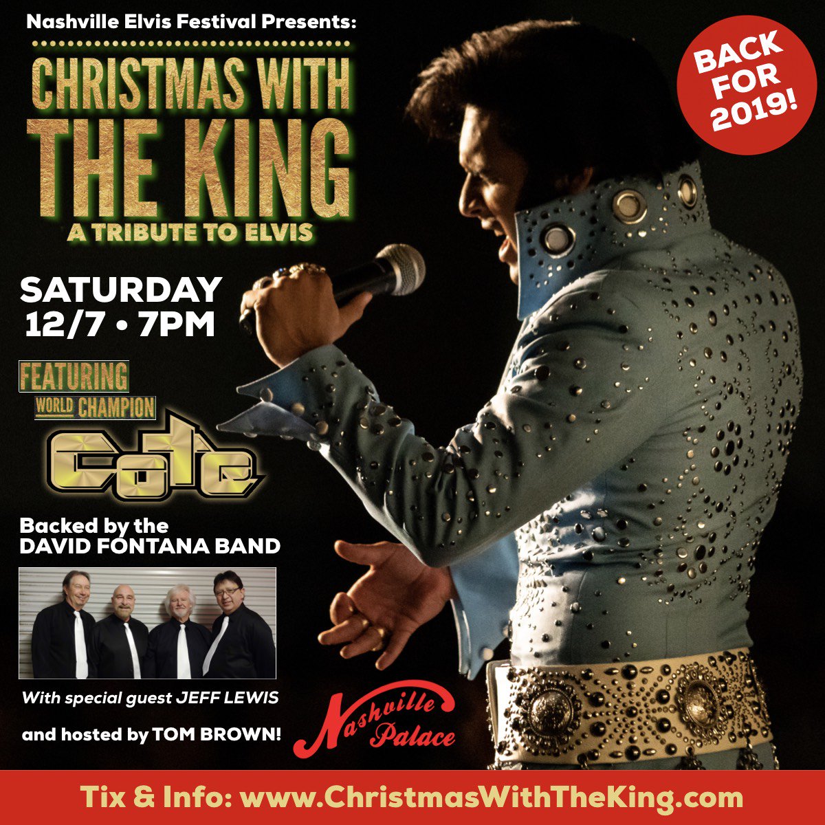 Don’t miss <a href="/NashElvisFest/">Nashville Elvis Festival</a>‘s #ChristmasWithTheKing at <a href="/nashvillepalace/">The Nashville Palace</a> on Dec. 7th! The 2nd annual event stars <a href="/cote_deonath/">Cote as ELVIS</a> w/ the #DavidFontanaBand (David is the son of #Elvis’ drummer #DJFontana), special guest <a href="/vivajefflewis/">Jeff Lewis</a> &amp; emcee <a href="/TupeloTomBrown/">Tom Brown</a>! christmaswiththeking.com