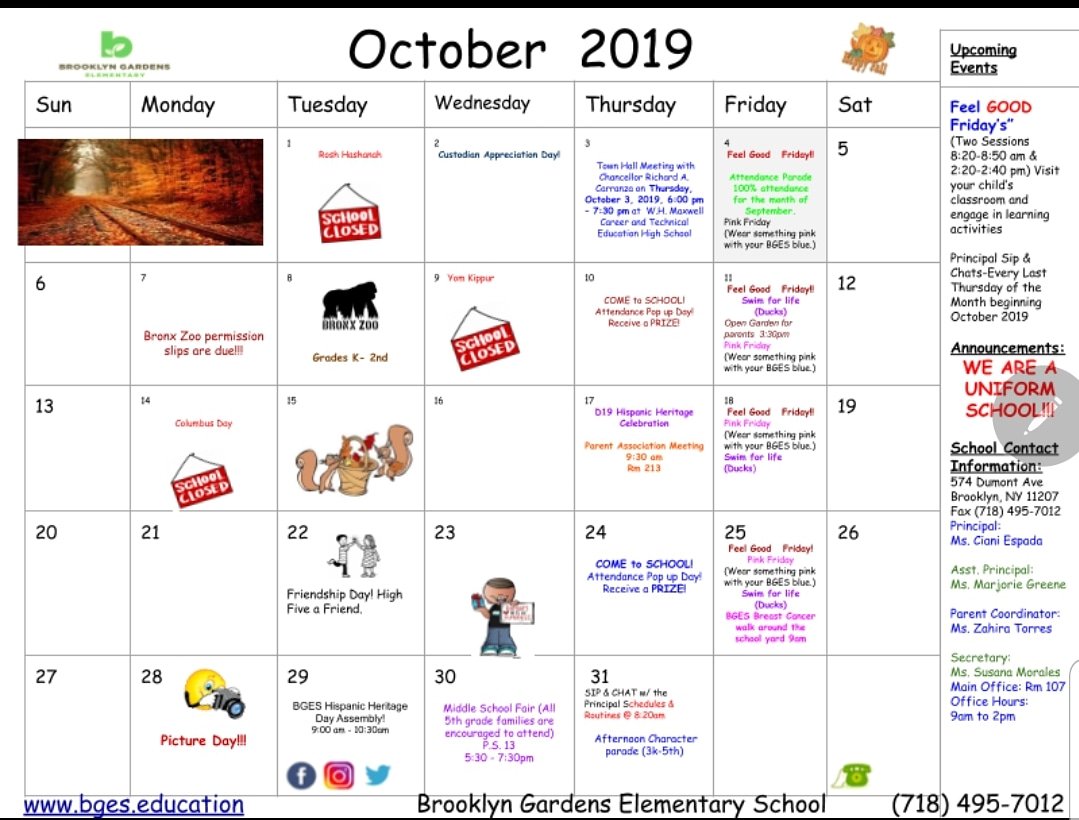 October Calendar! What's going on at BGES? #greatplacetogrow #D19allthewayup #excellenceineastnewyork @nycdistrict19 @suptkarenwatts