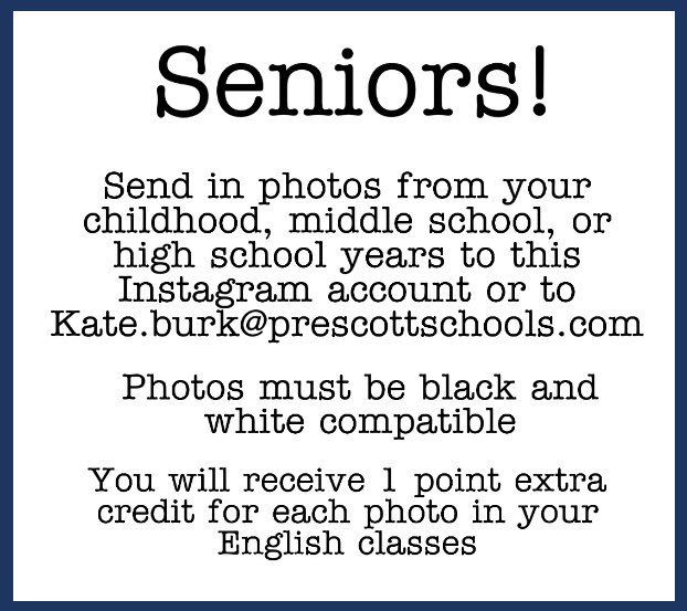 phs_badgers's tweet photo. If you want extra credit in your English class send in photos from your school years to @prescott_stuco on Instagram or the email below! Thank you https://t.co/xyutpl65dT
