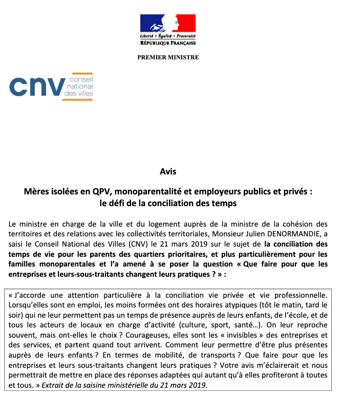 "Mères isolées en #QPV, #monoparentalité et employeurs publics et privés : le défi de la conciliation des #temps." Avis du CNV adopté à l’unanimité le 8 octobre en Assemblée plénière. #femme #emploi #polville
cget.gouv.fr/sites/cget.gou…