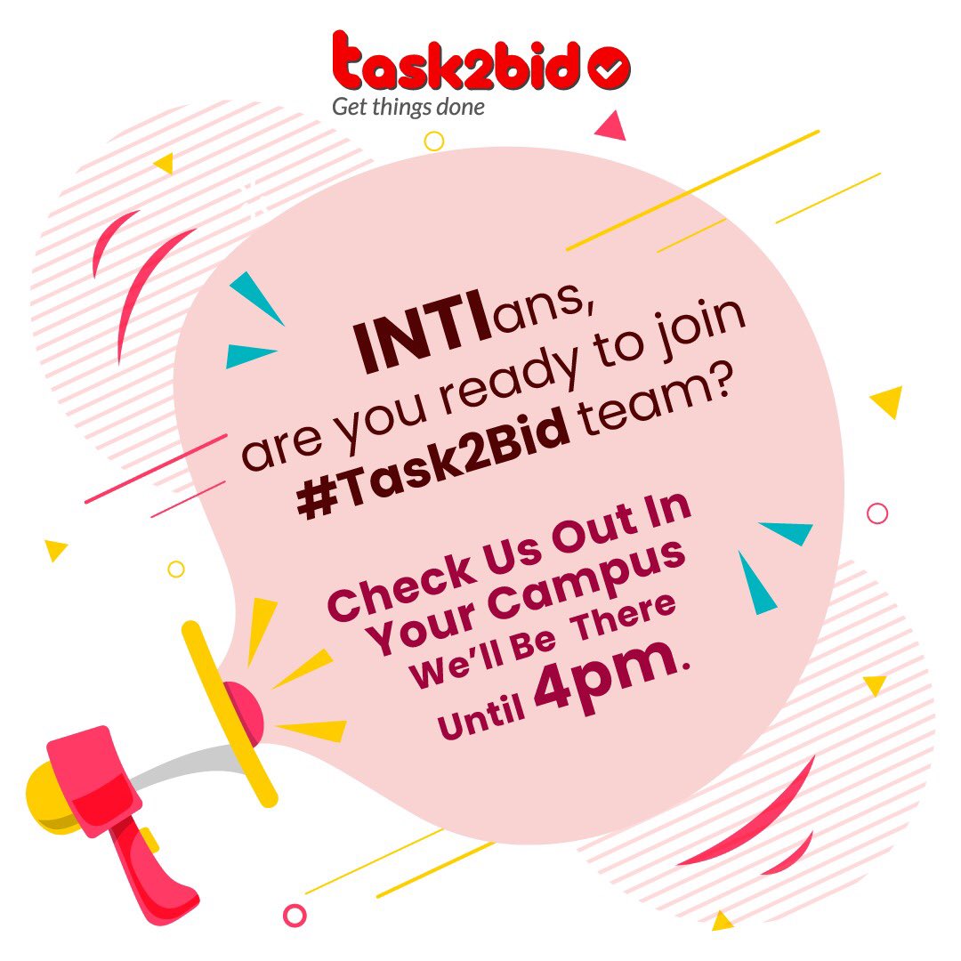 task2bid's tweet photo. INTIans, are you ready to join #Task2Bid team? Check us out at booth number 14 tomorrow.
See you there at the INTI Career Day tomorrow. #Inti #Task2Bid https://t.co/9npIE23mqt
