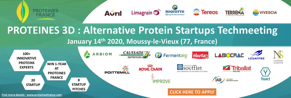 Are you an innovative #protein startup? Get a chance to meet w/ 100 experts during #proteines3d, Protéines France's event dedicated to networking, meeting and learning! Apply today and join us on 14th of January in Paris! #plantbased
#insects #algae #yeast proteinesfrance.fr/fr/proteines-3…
