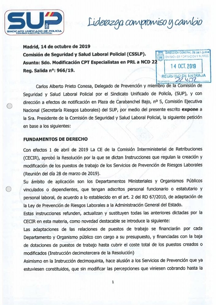 Sup_Policia's tweet photo. 🛡@Sup_Policia exige que se cumpla la resolución que dictan Instrucciones que regula la creación y adaptación de los puestos de trabajo de los Servicios de Prevención de Riesgos Laborales.
👊@info_dgp cumpla lo establecido
#40AñosConquistandoDerechos https://t.co/QU7T2vNBsc