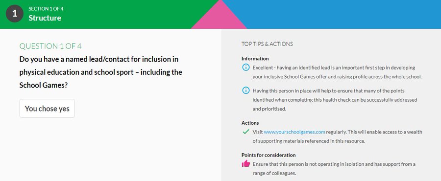 SSPSouthBucks's tweet photo. Have you completed your #InclusiveHealthCheck yet? Go to your #schoolgames dashboard to complete it to help you shape your PE &amp; School Sport. @YourSchoolGames @YouthSportTrust @FCVSchools @FDSHeadteacher @MandevilleSSP @SHLA_PE @sardave31 @_Matt_E @StokePogesSch https://t.co/1RDz0vrxmz