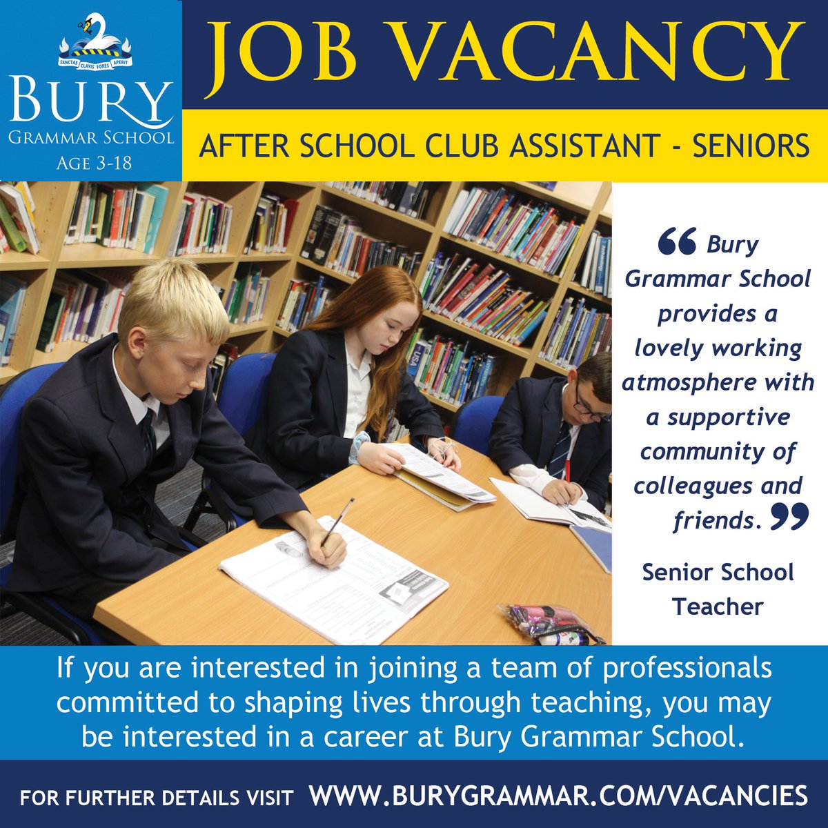 Bury Grammar School are currently recruiting for an After School Club Assistant - Seniors.

More details can be found here: burygrammarschools.breathehr.com/recruitment/va…