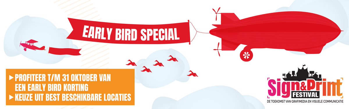 Early bird periode nadert zijn einde! Interesse? Profiteer tot eind oktober van het vroegboektarief: bit.ly/32havnB

#signprintfestival #signing #grafimedia #partners #visuelecommunicatie #lineup #exposanten #festival #deelnemen #vroegboek #earlybird #korting