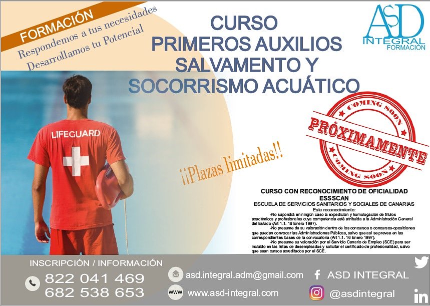ASDIntegral's tweet image. ⚠️PROXIMAMENTE ⚠️ Curso de Formación "Primeros Auxilios Salvamento y Socorrismo Acuático". Plazo de inscripción abierto.
☎️ 822 041 469.
📱 682 538 653 / 675 839 509
