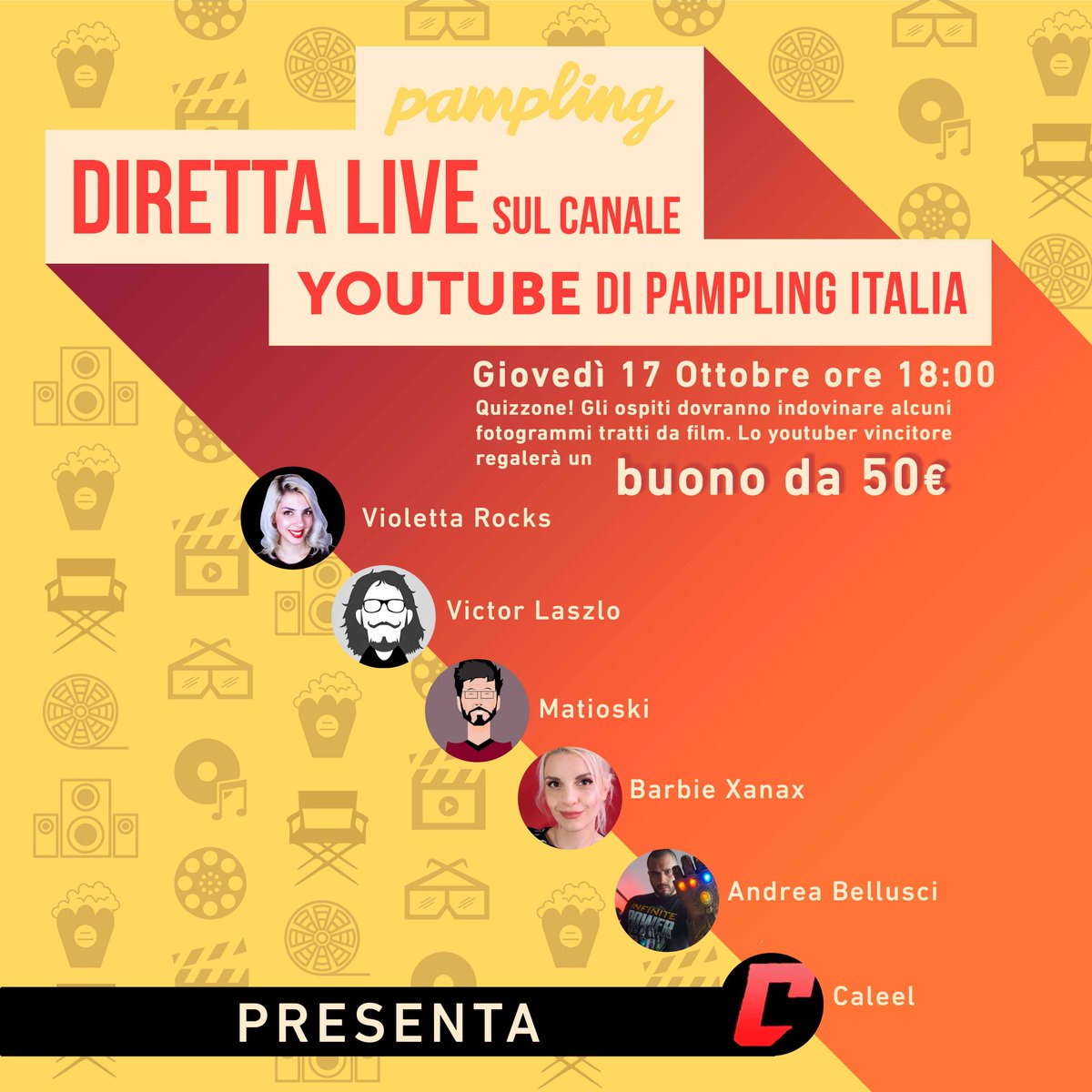 pampling_italia's tweet photo. 🎬 NUOVO QUIZZONE LIVE
Giovedì 17/10 alle ore 18:00 in diretta sul canale Youtube di Pampling, @Vi0lettaRocks, @victorlaszlo88, @BarbieXanax, @Matioski, @Andrea_Bellusci dovranno indovinare più frame possibili tratti da film!

Presenta #Caleel
👉 https://t.co/GcgvKRzgyn https://t.co/SVz9fXprJE