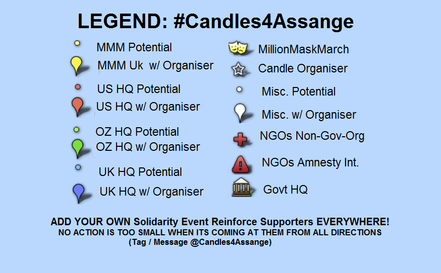 Candles4Assange's tweet photo. PEACEFUL🌏EVENTS:
MAP: https://t.co/0QdQ7Etcwz
OCT
21 #YellowVest4Julian London
26 #MediaMIA @BBC
NOV
2/9 #WhereIsAmnesty #Shamnesty
5 #IAmJulianAssange #MillionMaskMarch
9 #Protest4Assange
11 #BringAssangeHome
16 #NoUSExtradition
DEC
10 #HumanRightsDay
17 #HappyBdayChelsea https://t.co/5SknC2gXdv