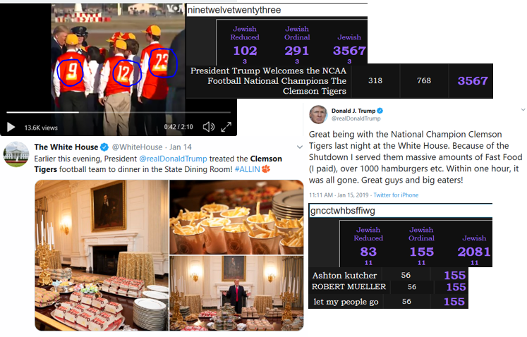 The pic of the baseball team kept reminding me of MckyDs. I plugged in the visible numbers and I could not believe it. It actually references the Trump welcoming Clemson Tigers at the WH. Seriously. What are the odds.