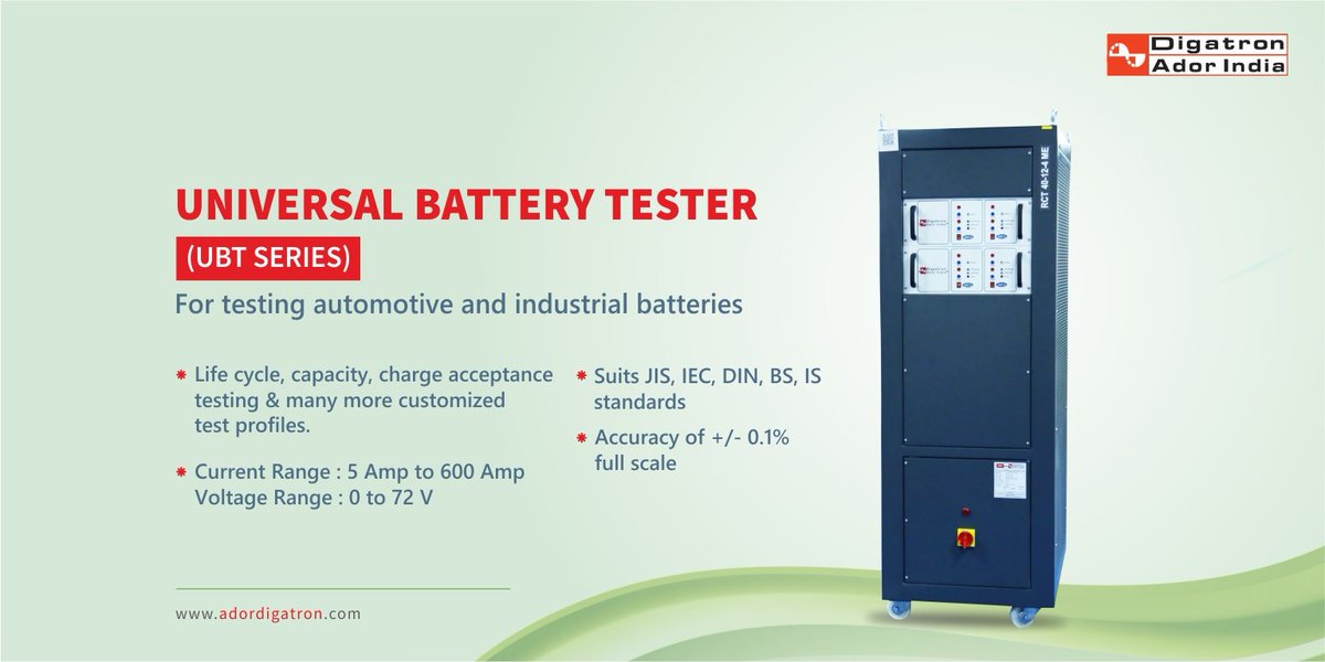 AdorDigatron's tweet image. Ador Digatron’s Universal Battery Tester is a world-class laboratory instrument used for testing of Lead-acid batteries for Automotive &amp;amp; Industrial applications as well as Ni-Cd cell packs.
#adordigatron #batterytester #batterytestingequipment  #energizingindia #energizingasia