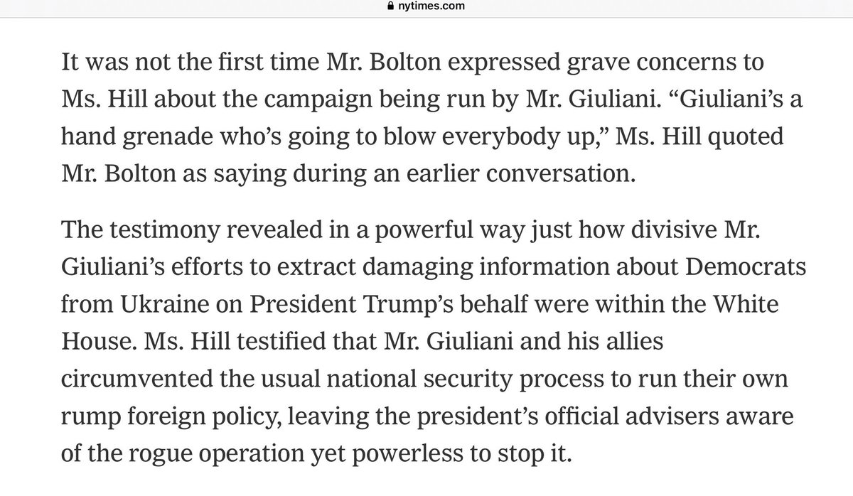 Perhaps. “Giuliani’s a hand grenade who’s going to blow everybody up,” Ms. Hill quoted Mr. Bolton as saying during an earlier conversation.”I guess Bolton didn’t want to get hit with the schrapnel. 