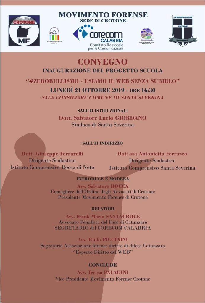Movforense's tweet image. Movimento Forense #convegni #Crotone  21.10.2019 ore 16:30 “#ZEROBULLISMO -USIAMO ILWEB SENZA SUBIRLO” @MCesali @radiotribunale @roccasalvatore2