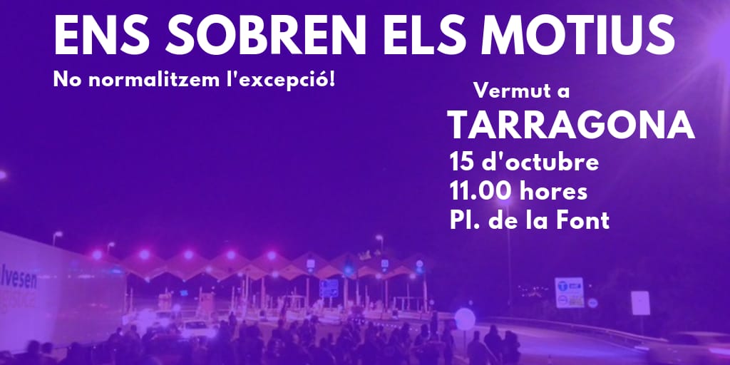 TarragonaCdr's tweet photo. La mobilització noviolenta de rebuig a la condemna als nostres líders socials i polítics continua.
No et quedis a casa!

VERMUT a Tarragona

🗓 Dimarts, 15 d'octubre de 2019
⏰ 11 h
📍 Plaça de la Font de Tarragona

#EnsCondemnenATots #HoTornaremAFer https://t.co/1SDeSNd38c