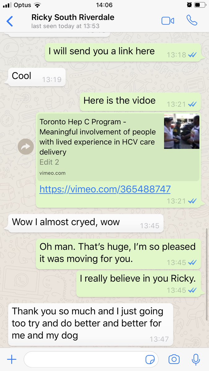 conorashleigh's tweet photo. Its deeply humbling when you send an edit of a film to one of the people in it and their response is this @INHepSU @jasongrebely #toronto community Hep C Program #tchpc
@SRiverdaleCHC #connectingwithcare https://t.co/xRnrvc3Oc3