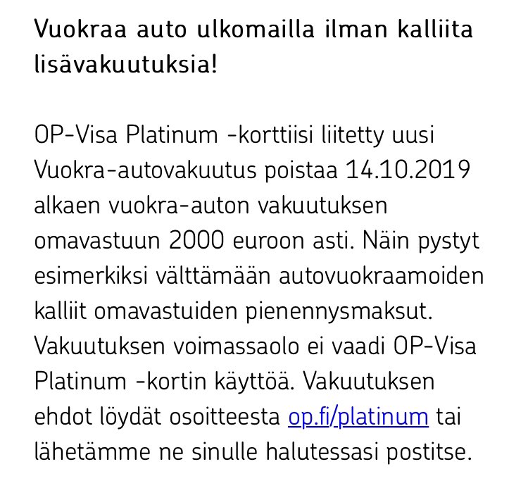 Olkurola's tweet photo. Huomenta! Olipa mukava viesti kun saatiin Visa Platinumiin vuokra-auton omavastuun poistava vakuutus ulkomailla. Kaikenlaista pientähän voi sattua 🤷‍♂️ #OPPrivate https://t.co/rDqoiTgkVv