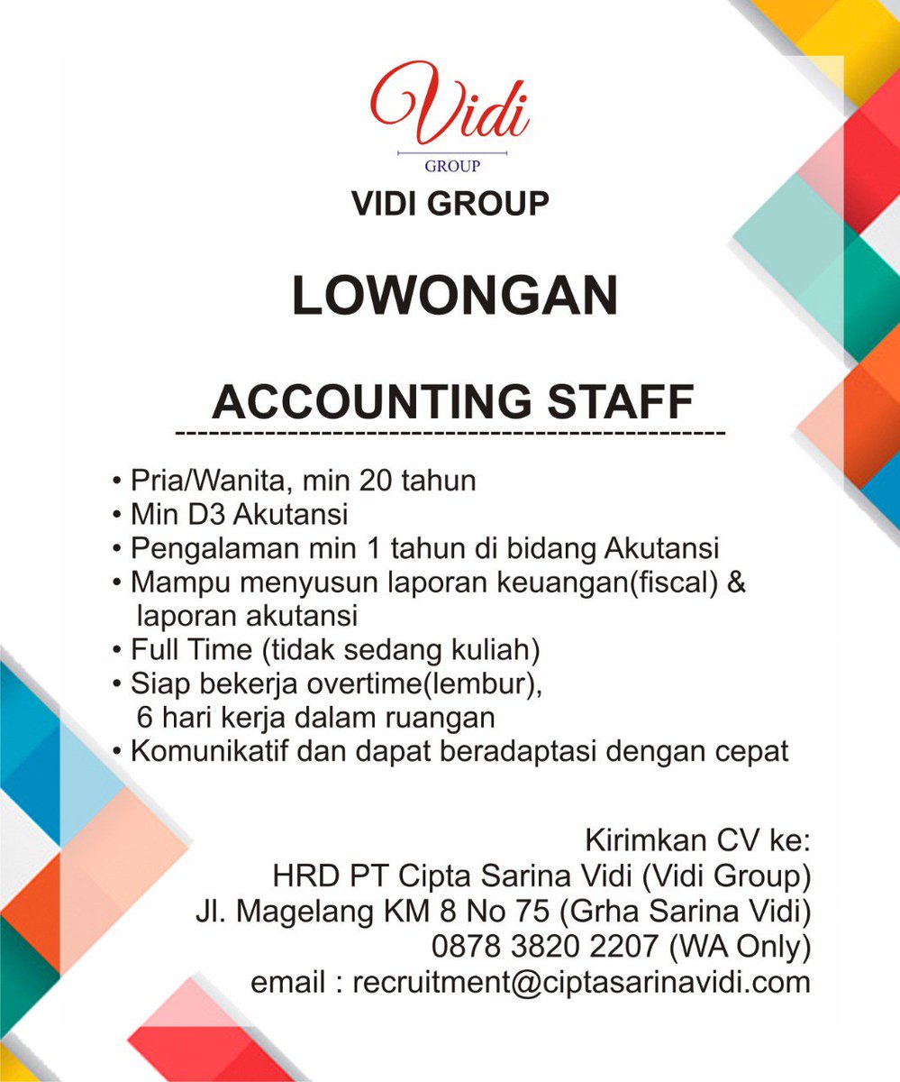 ACCOUNTING|Pria/Wanita|min 20thn|min D3 AKT|pnglmn 1thn|fulltime|recruitment@ciptasarinavidi.com|WA: 087838202207 #lowker #jogja #jogjalowker #lowkerjogja