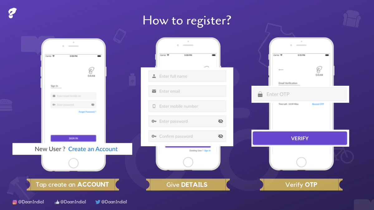 DaanIndia1's tweet photo. In 3 simple steps, learn how to register in DAAN, the local donation app.
#daan #howToRegister #charity #donation #daanIndia #DaanIndia1 #charityApp #iOSApp #AndroidApp #iDonate https://t.co/GF1DTfDwBW