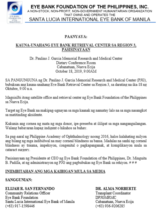 eyebankph's tweet photo. PAANYAYA: KAUNA-UNAHANG EYE BANK RETRIEVAL CENTER SA REGION 3, PASISINAYAAN | @gmanews @ancalerts @tv5manila @inquirerdotnet @philstarnews @sunstaronline @Radyo5 @ABSCBNNews @TempoPHL @dzrhnews @dzbb @dzmmteleradyo @cnnphilippines @rapplerdotcom @interaksyon https://t.co/YAJZkDzB1Z