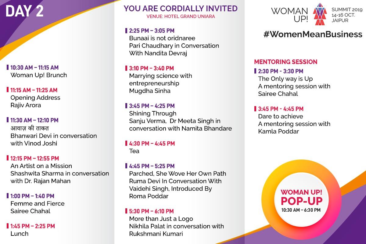 WomanUpSummit's tweet photo. After yesterday's magical performance by Bhanwari Devi, we have exciting conversations and mentoring sessions in store for you today.
Open for all & free to attend - See you today. 📍Hotel Grand Uniara
#WomenMeanBusiness #WomanUp #WomanUpSummit #Summit2019 #Jaipur #JaipurEvents https://t.co/ATGAHWSnQ1