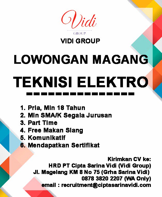 MAGANG TEKNISI ELEKTRO|Pria|min 18thn|min SMA/K|parttime|recruitment@ciptasarinavidi.com|WA: 087838202207 #lowker #jogja #jogjalowker #lowkerjogja