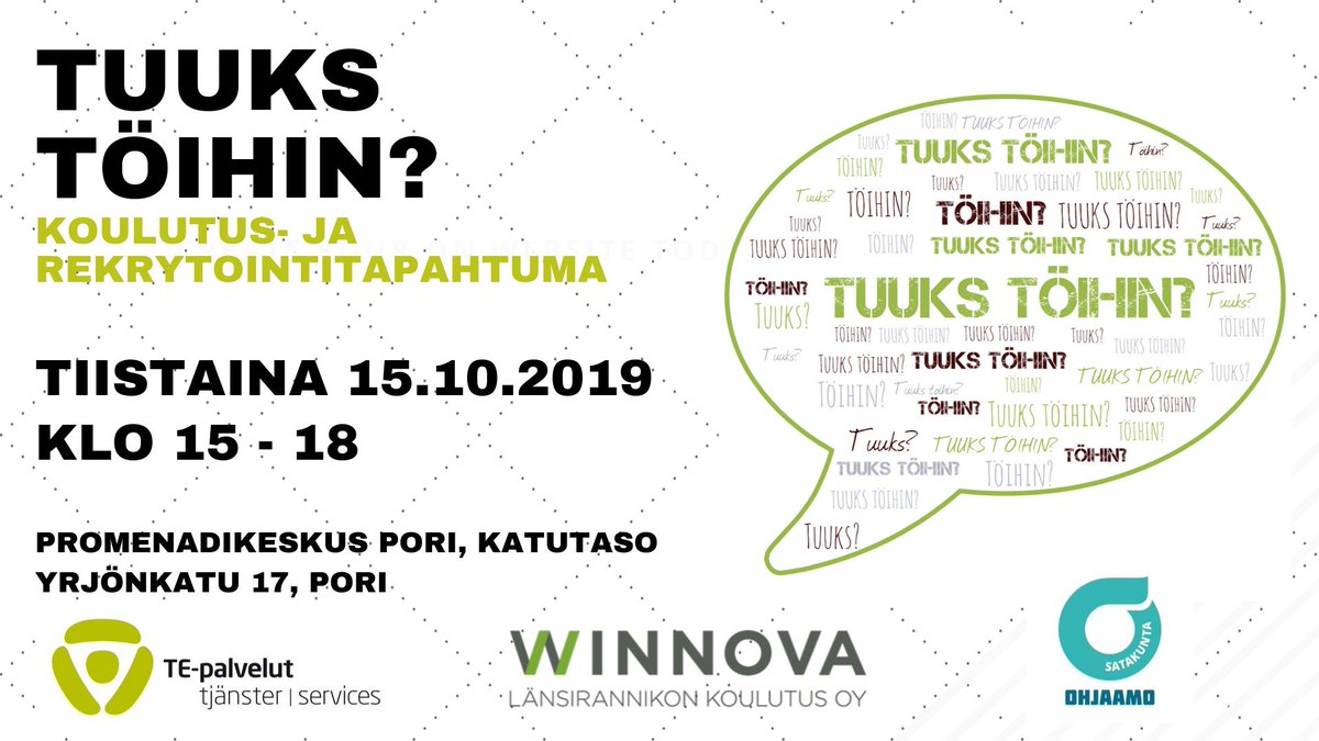 tyomarkkinatori's tweet photo. Euroopan #ammattitaitoviikko näkyy myös TE-palveluissa. TE-palvelut Satakunta kysyy tänään TUUKS TÖIHIN?  #TEpalvelut, #kyllälöytyy #DiscoverYourTalent, #EUVocationalSkills, #PESNetwork, #EuresFin https://t.co/WT4ORKjUxT https://t.co/UpHl5iVTTO