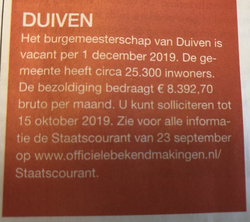 Goedemorgen <a href="/GemeenteDuiven/">Gemeente Duiven</a> , Burgemeester worden van de gemeente met de mooiste naam. Lijkt mij een duidelijk verhaal! Met vriendelijke groet, Marian Duiven