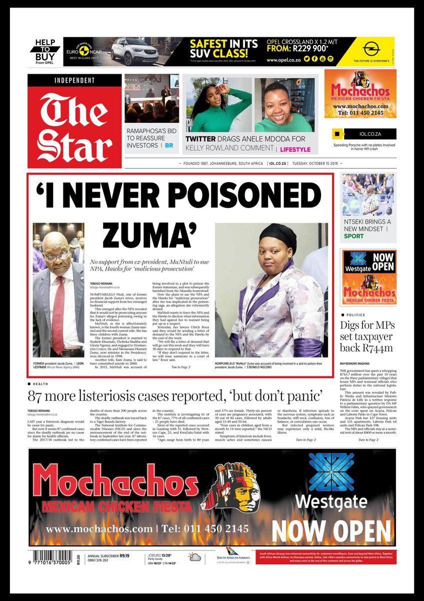 TheStar_news's tweet photo. In #TheStarNews today: ‘I never poisoned Zuma’ - MaNtuli; D-Day looms for illegal billboards; Mathosa’s life, dream re-enacted #LeboMathosaBET; 87 more listeriosis cases reported, ‘but don’t panic’; Anele in another big, Phat twar and more: https://t.co/1NSq1aH8oU