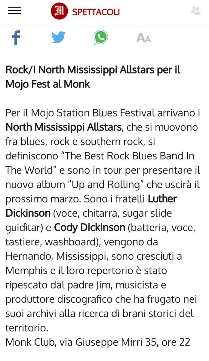 MojoStation's tweet photo. Il meglio della settimana secondo @ilmessaggeroit #eventi #roma
🤩 Mercoledì 16 ottobre, #northmississippiallstars #mojofest @MonkClub 

#concerto https://t.co/J6XOeQbo40