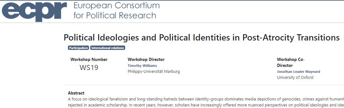 #CFP Workshop at the ECPR Joint Sessions of Workshops, Toulouse, 14-17 April 2020, 'Political Ideologies and Political Identities in Post-Atrocity Transitions'. Deadline: 5 November 2019 - ecpr.eu/Events/PanelDe… #Violencestudies #politicalviolence #research #politics #history