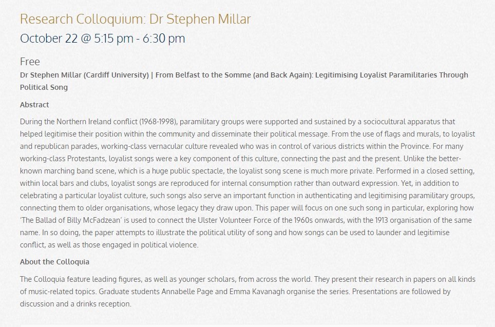 oxfordirishsem's tweet photo. 22 October 17:15, @StephenRMillar of @cardiffuni presents 
'From Belfast to the Somme (and Back Again): Legitimising Loyalist Paramilitaries Through Political Song' at @OxMusicFaculty @UniofOxford  - More info at: https://t.co/gsBowYpmgv https://t.co/hsKYavbaSr