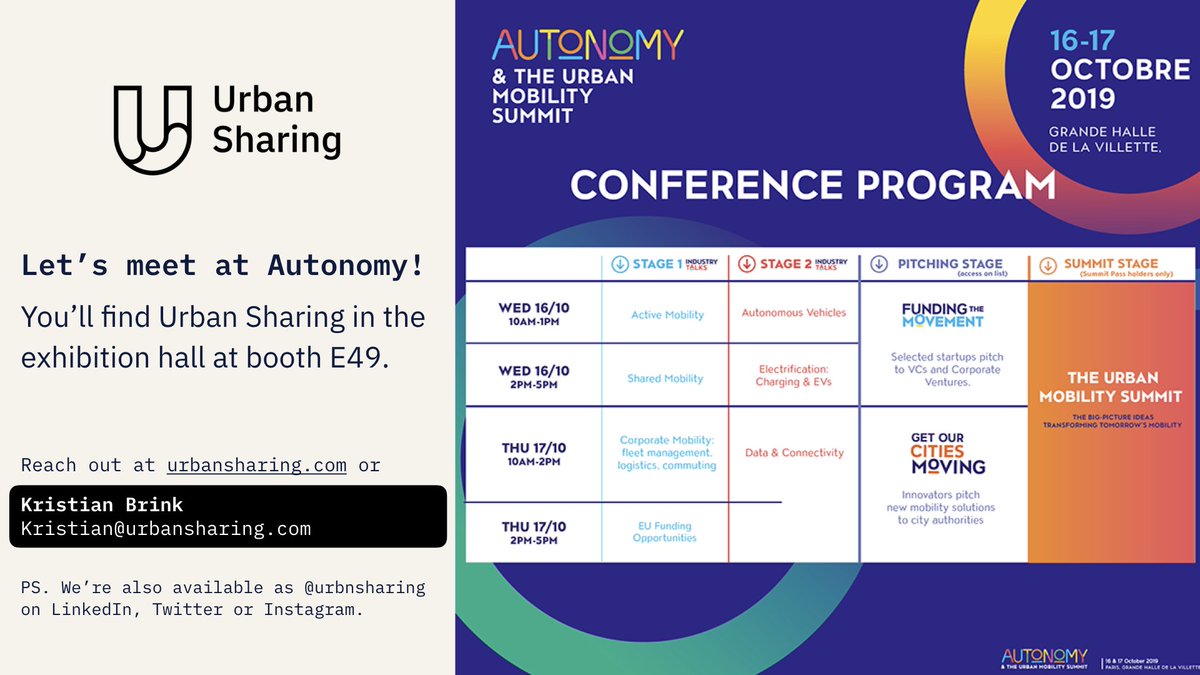 This week we'll be <a href="/AUTONOMY/">AUTONOMY</a> in Paris. Come see Urban Sharing at our booth in the exhibition hall. We'd love to meet operators, partners and others who wants to learn more about #micromobility fleet management software.🚲📈🛴

Reach out to <a href="/johanhal/">Johan Hallesby</a> <a href="/mariusols/">Marius Olsen</a> and <a href="/kristianbrink/">Kristian Brink</a>