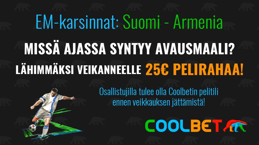COOLBET-SKABA!

Veikkaa Suomi-Armenia-ottelun avausmaalin syntyaika ja voita 25 € pelirahaa!

Ehdot: RT + Seuraa.

#Huuhkajat #betsit #EMkarsinnat