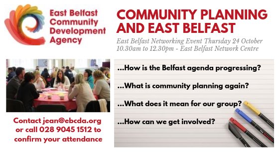 EBCDA's tweet photo. EBCDA is hosting this event next week with input from @belfastcc on the #BelfastAgenda  and what it means for community groups in East Belfast. Please join us! https://t.co/rk7lrXJAwv