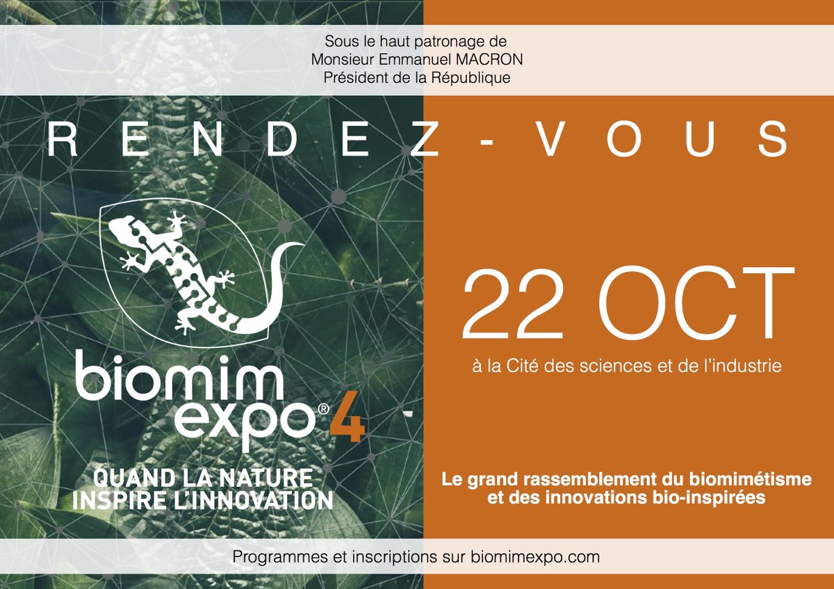 J-7 pour le second acte du seul événement de ce type consacré au #biomimétisme, à la #biodiversité et au #climat. Nous vous donnons #RDV22OCT <a href="/citedessciences/">Cité des sciences et de l'industrie</a> pour une journée exceptionnelle à #BIOMIMEXPO 4 bit.ly/2ltfcKA. Merci de partager et hâte de vous y rencontrer!